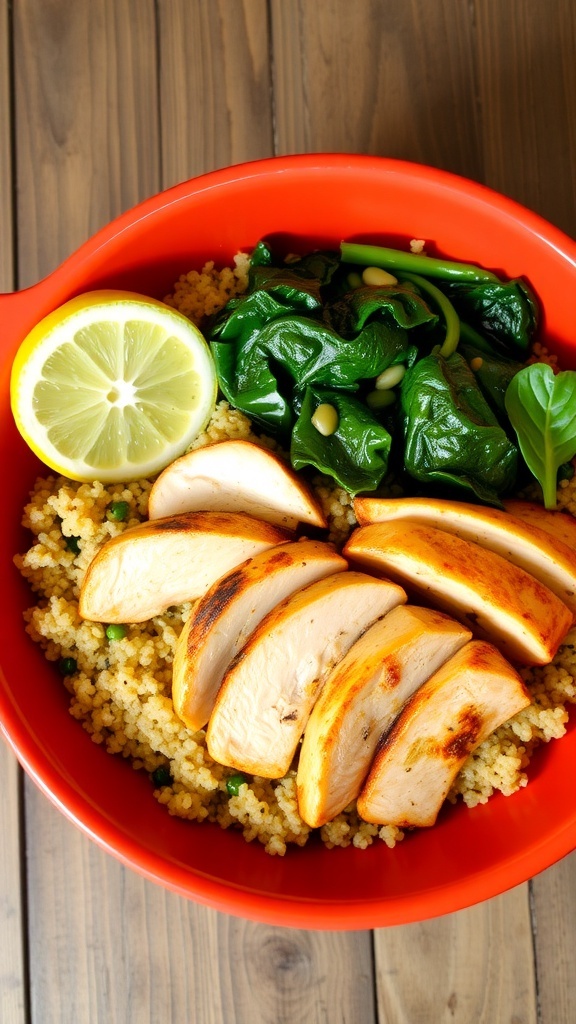 A colorful quinoa chicken and spinach bowl with lemon wedge on a rustic table.
